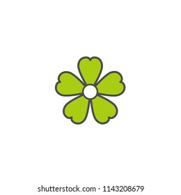 Outline flat icon of forget-me-not flower with big core and green petals. Contour of bloom. Isolated on white. Vector illustration. Eco style. Nature symbol.