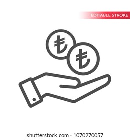 Outline flat icon of turkish lira coins falling in hand. Hand and coins dropping web pictograph. Turkish liras coin and a palm.