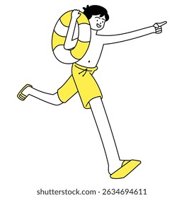 Outline flat illustration of a boy doing summer activities such as relaxing and swimming