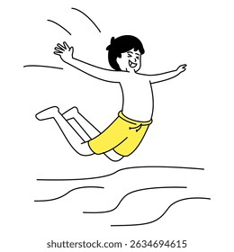 Outline flat illustration of a boy doing summer activities such as relaxing and swimming