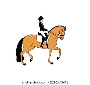 Outline flat illustration of a horsewomen and horse, sport simple drawing.