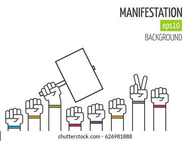 Outline flat manifestation protest background. Crowd peaceful protesters hands concept. Political revolution or crisis illustration. People community or cooperation force.