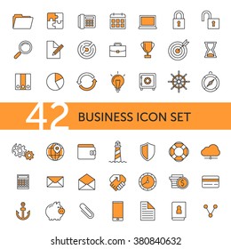 Outline flat orange business icon set