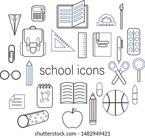 Outline flat school icons set