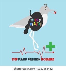 Outline flat symbol of seabird and their gut with typographic design as a gimmick. Stop microplastic pollution to seabird concept. Vector illustration.