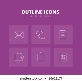 Outline flat vector  icon set. White pictograph isolated on purple 
squares. Wallet, shopping bag, list, e-mail, communication and document
