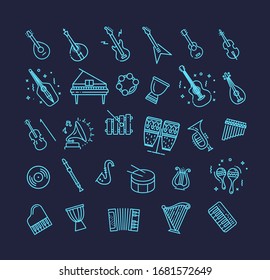 Outline flat vector icons. music classic instruments.