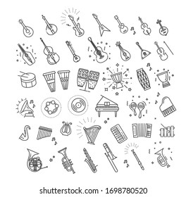 Outline flat vector icons. music classic instruments.