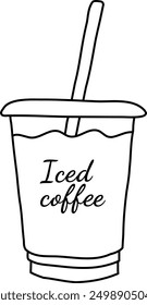 Outline Flat Vector Illustration of Iced Coffee with Straw