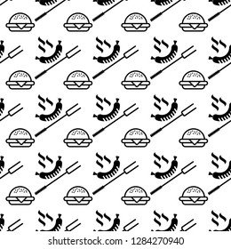 Outline flat vector seamless pattern BBQ. Grilled meat and sandwich, hamburger. Background, wallpaper for a restaurant or cafe menu. For a picnic flyer and outdoor party