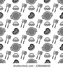 Outline flat vector seamless pattern BBQ. Grilled meat and sandwich, hamburger. Background, wallpaper for a restaurant or cafe menu. For a picnic flyer and outdoor party