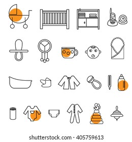 Outline flat web icon set. Baby equipment, toys, feeding and care