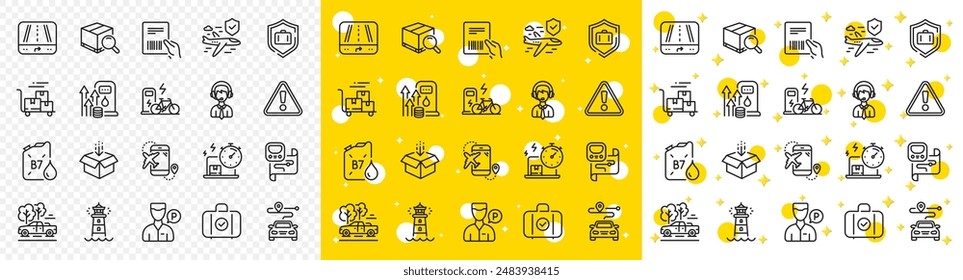 Outline Flight insurance, Flight destination and Pickup line icons pack for web with Fuel price, Search package, Parcel invoice line icon. Metro map, Gps, Electric bike pictogram icon. Vector