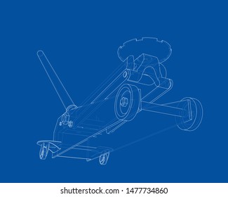 Outline Floor Car Jack. Vector image rendered from 3d model in sketch style or drawing. Blue background
