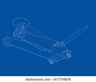 Outline Floor Car Jack. Vector image rendered from 3d model in sketch style or drawing. Blue background