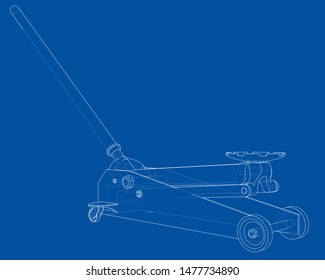 Outline Floor Car Jack. Vector image rendered from 3d model in sketch style or drawing. Blue background
