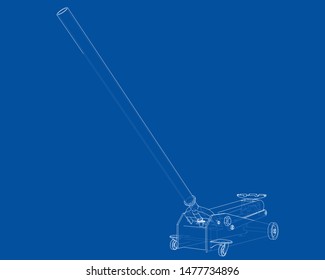 Outline Floor Car Jack. Vector image rendered from 3d model in sketch style or drawing. Blue background