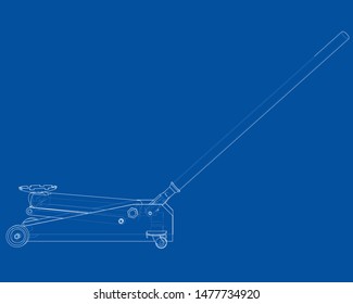 Outline Floor Car Jack. Vector image rendered from 3d model in sketch style or drawing. Blue background