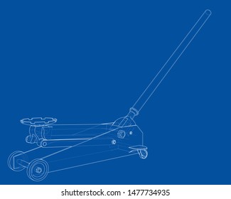 Outline Floor Car Jack. Vector image rendered from 3d model in sketch style or drawing. Blue background