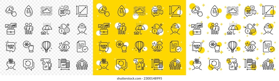 Plano de planta de contorno, Iconos de línea neutra de encuesta y Ph para web con área cuadrada, globo de aire, icono de línea de consejos rápidos. Grupo, sistema de nube, icono del pictograma de ansiedad. El cerebro funciona. Vector