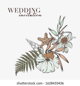 Outline floral concept: magnolia, pampas grass, sar, seashell, leaves frame background. Wedding hand-drawn vector compowition for holiday design.  Invite template
