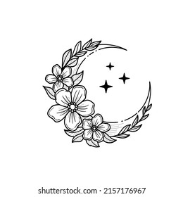 outline floral crescents moon with flower