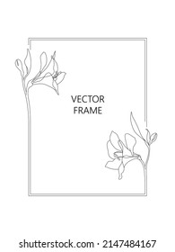 Outline Floral Frame, Border. Line Art Lilies Isolated On White Background. Flowers Detailed Decorative Illustrations. Greeting Card And Invitation Of Wedding, Birthday, Mother's Day And Other