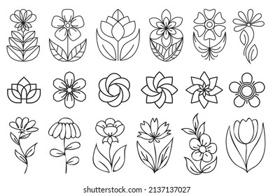 Outline floral icons. Set of outline flower icons with black thin line isolated on white background. Line art flowers illustration, simple geometric symbols, abstract petal signs.