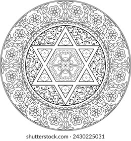 Outline floral mandala with detailed elements and six pointed star. Use as coloring page, greeting card design, holiday activities for children and adults