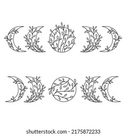 Outline floral moon phases. Minimal vector illustration.