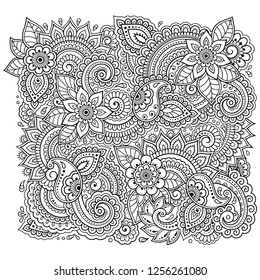 Outline floral pattern for coloring book page. Antistress for adults and children. Doodle ornament in black and white. Hand draw vector illustration.