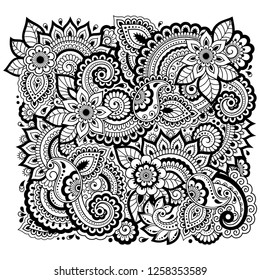 Outline floral pattern for coloring book page. Antistress for adults and children. Doodle ornament in black and white. Hand draw vector illustration.