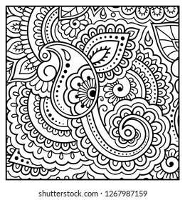 Outline floral pattern for coloring book page. Antistress for adults and children. Doodle ornament in black and white. Hand draw vector illustration.