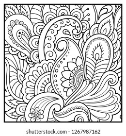 Esquema de patrón floral para la página del libro de coloreado. Antiestrés para adultos y niños. Adornos de perro en blanco y negro. Dibujo manual de ilustración vectorial.