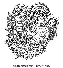 Esquema de patrón floral para colorear la página del libro. Antiestrés para adultos y niños. Adorno de Doodle en blanco y negro. Dibuja a mano la Ilustración vectorial.