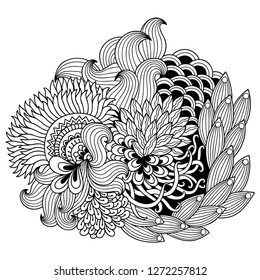 Outline floral pattern for coloring book page. Antistress for adults and children. Doodle ornament in black and white. Hand draw vector illustration.