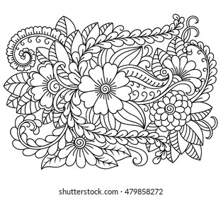 Outline floral pattern for coloring book page. Antistress for adults and children. Doodle ornament in black and white. Hand draw vector illustration.