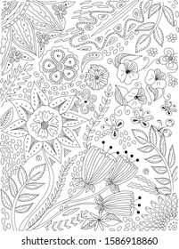 Outline floral pattern, hand drawing. flowers, leaves, spring and summer flourishing petal
