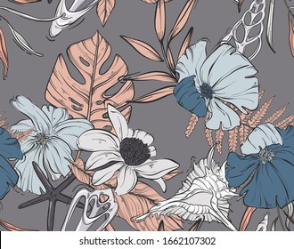 Outline floral pattern: magnolia  pampas grass  seashell  leaves frame background  Wedding hand  drawn vector compowition for holiday design   Invite template