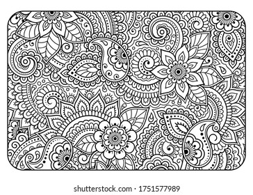 Outline floral pattern in mehndi style for coloring book page. Antistress for adults and children. Doodle ornament in black and white. Hand draw vector illustration.