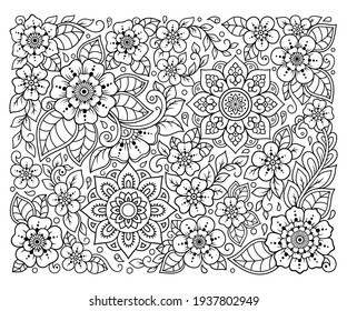 Outline floral pattern in mehndi style for coloring book page. Antistress for adults and children. Doodle ornament in black and white. Hand draw vector illustration.