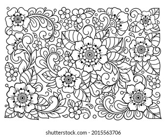 Esquema de patrón floral en estilo mehndi para la página del libro de coloreado. Antiestrés para adultos y niños. Ornamento de garabato en blanco y negro. Dibujar a mano ilustración vectorial.