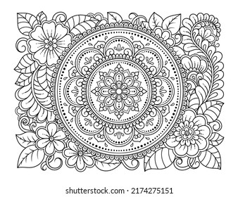 Outline floral pattern in mehndi style for coloring book page. Antistress for adults and children. Doodle ornament in black and white. Hand draw vector illustration.