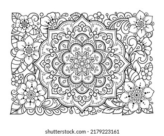Outline floral pattern in mehndi style for coloring book page. Antistress for adults and children. Doodle ornament in black and white. Hand draw vector illustration.