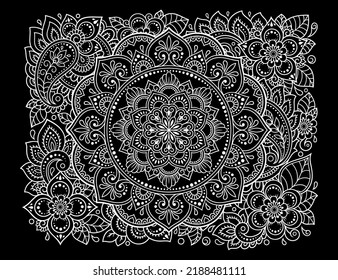 Outline floral pattern in mehndi style for coloring book page. Antistress for adults and children. Doodle ornament in black and white. Hand draw vector illustration.