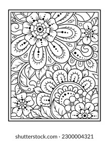 Outline floral pattern in mehndi style for coloring book page. Antistress for adults and children. Doodle ornament in black and white. Hand draw vector illustration.