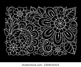 Outline floral pattern in mehndi style for coloring book page. Antistress for adults and children. Doodle ornament in black and white. Hand draw vector illustration.