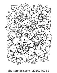 Outline floral pattern in mehndi style for coloring book page. Antistress for adults and children. Doodle ornament in black and white. Hand draw vector illustration.