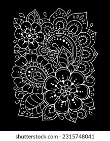 Outline floral pattern in mehndi style for coloring book page. Antistress for adults and children. Doodle ornament in black and white. Hand draw vector illustration.