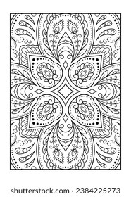 Outline floral pattern in mehndi style for coloring book page. Antistress for adults and children. Doodle ornament in black and white. Hand draw vector illustration.